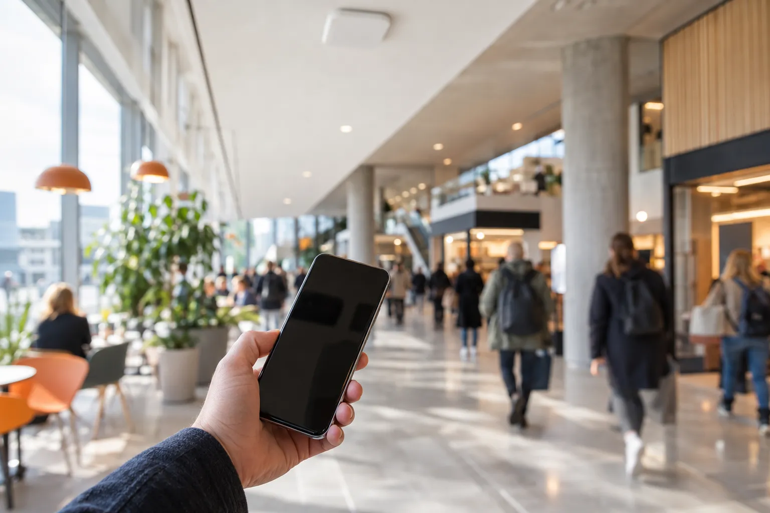 En hånd med en smarttelefon i et travelt kjøpesenter