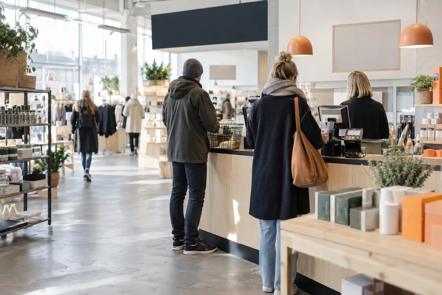 Kunder betaler i kassen med butikken bak