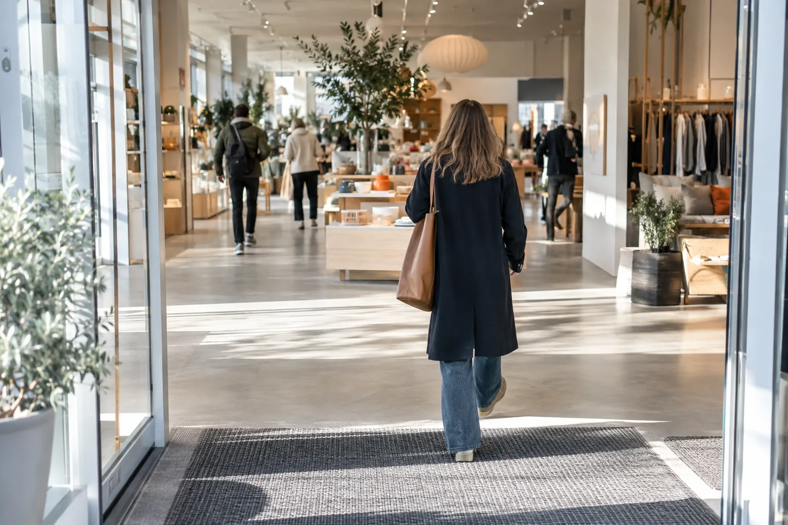 En kunde senker farten i den åpne sonen rett innenfor butikkinngangen