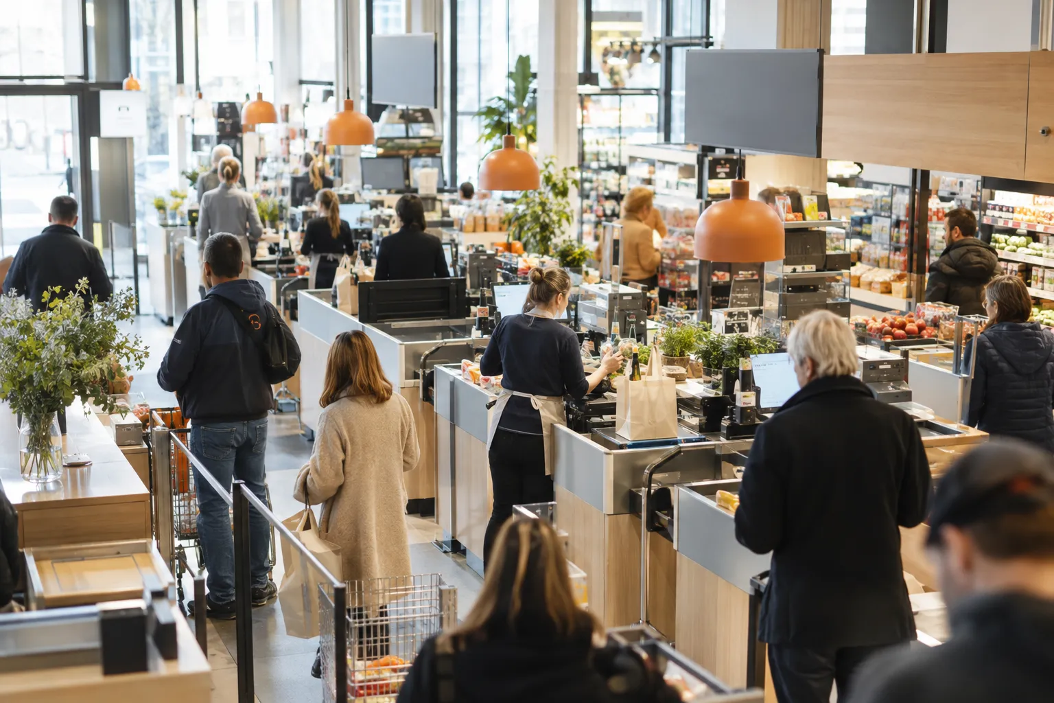 Butikkansatte i kassene under rushet