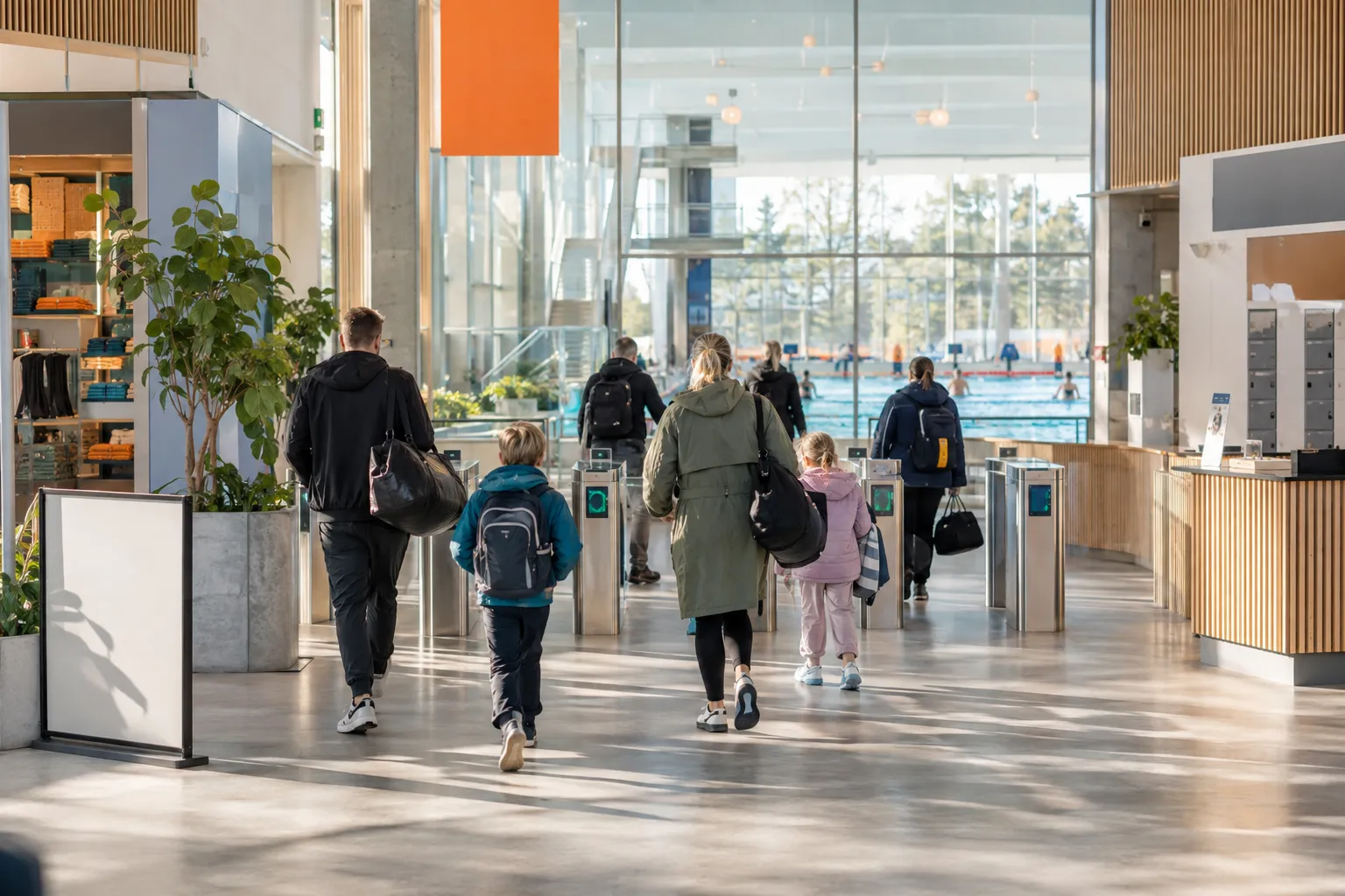 Familier går inn i en svømmehall gjennom adgangsslusene