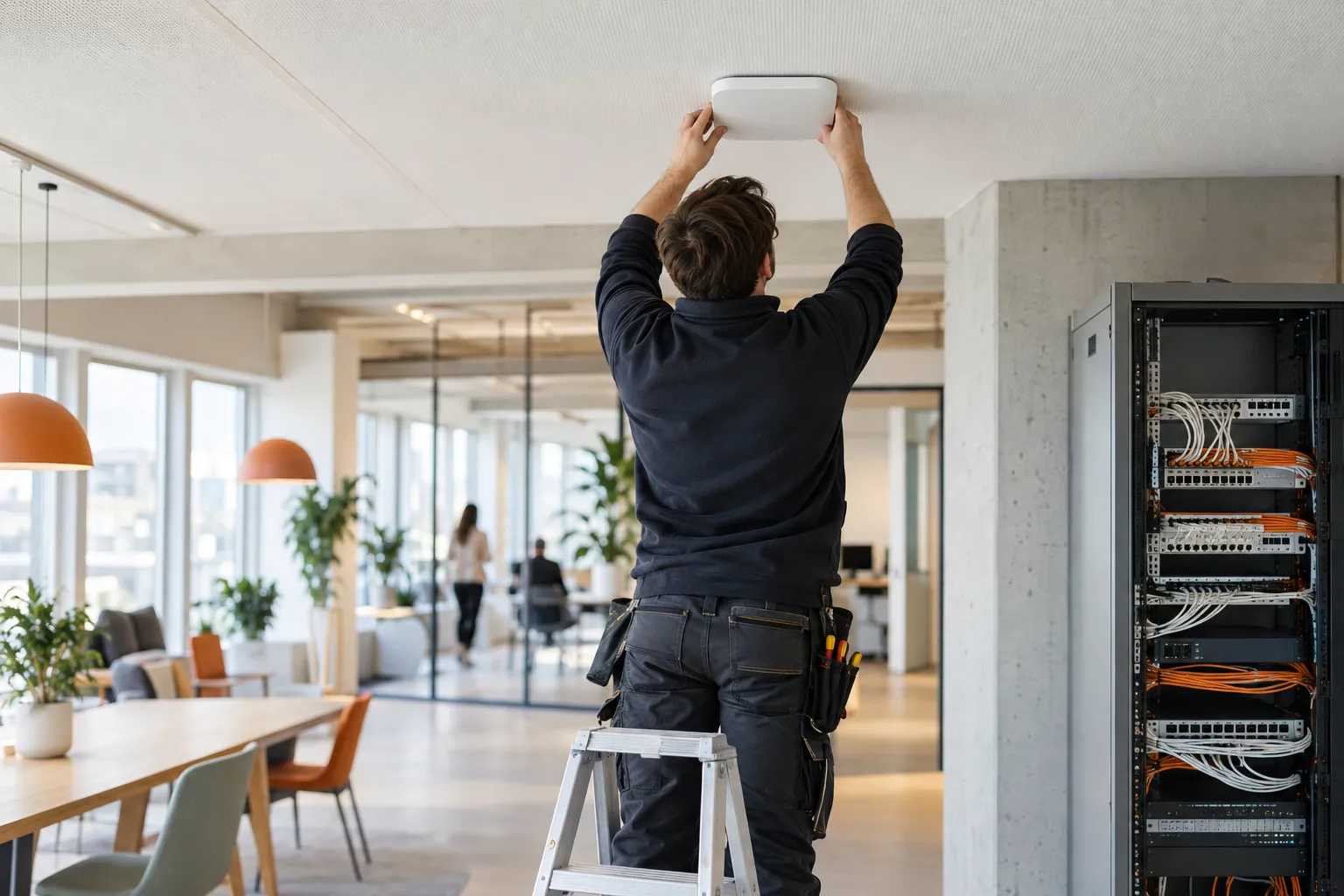 Tekniker monterer et Wi-Fi-tilgangspunkt i taket