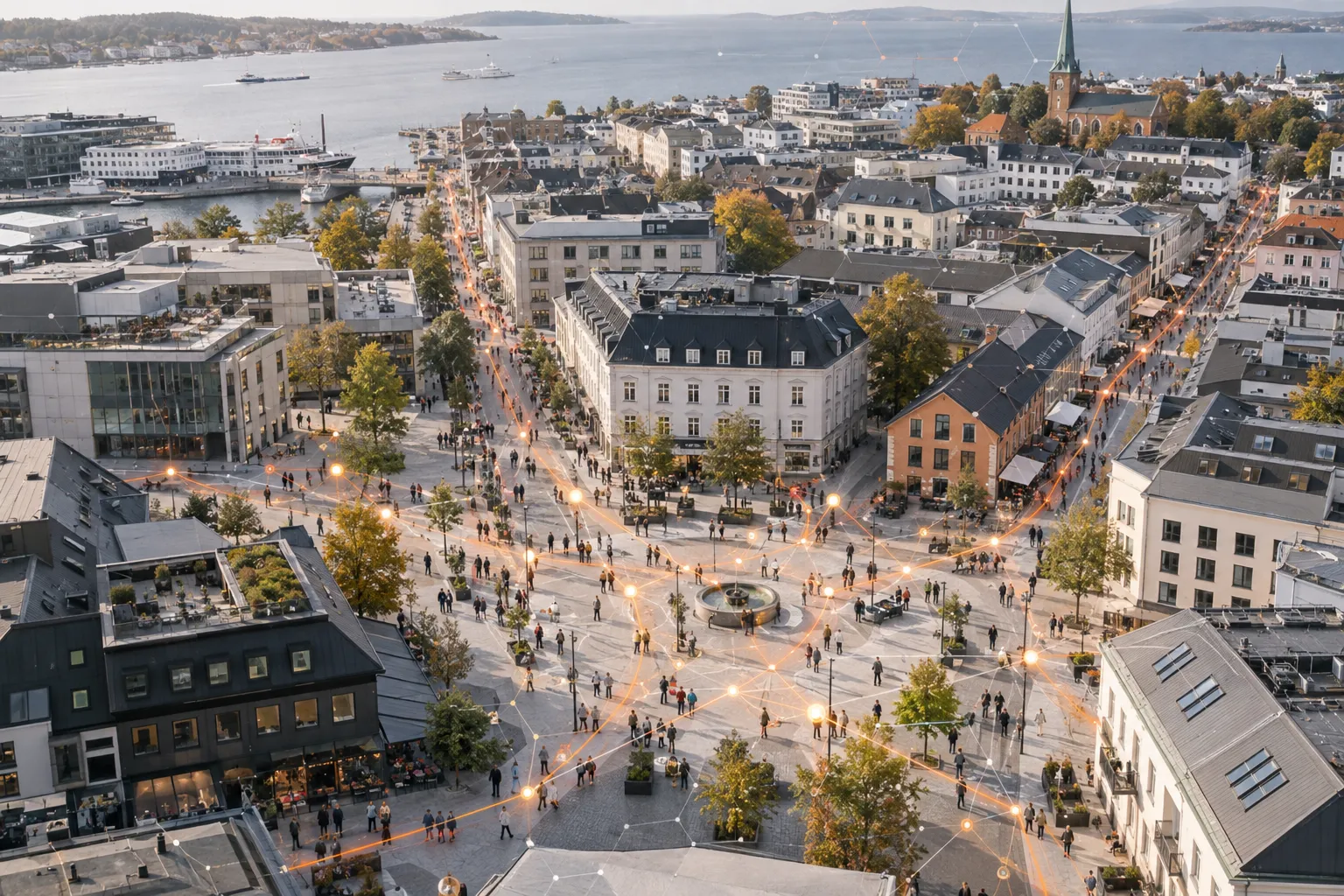 Flyfoto av et sentrum med de besøkendes veier inn fra ulike retninger