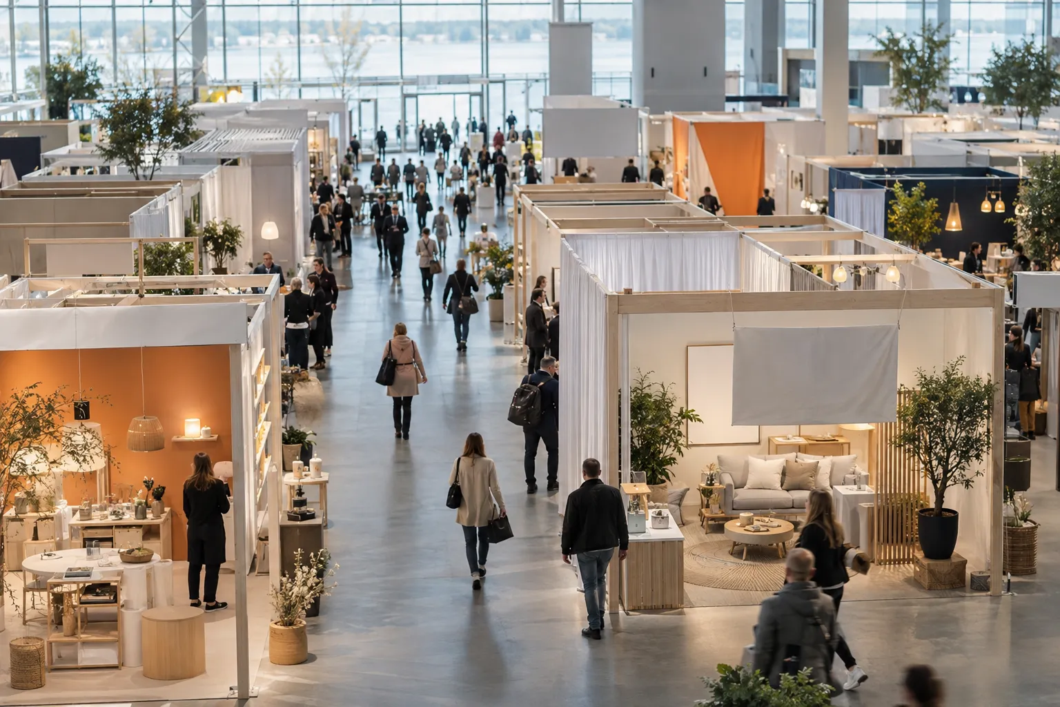 Besøkende går i gangene i en messehall