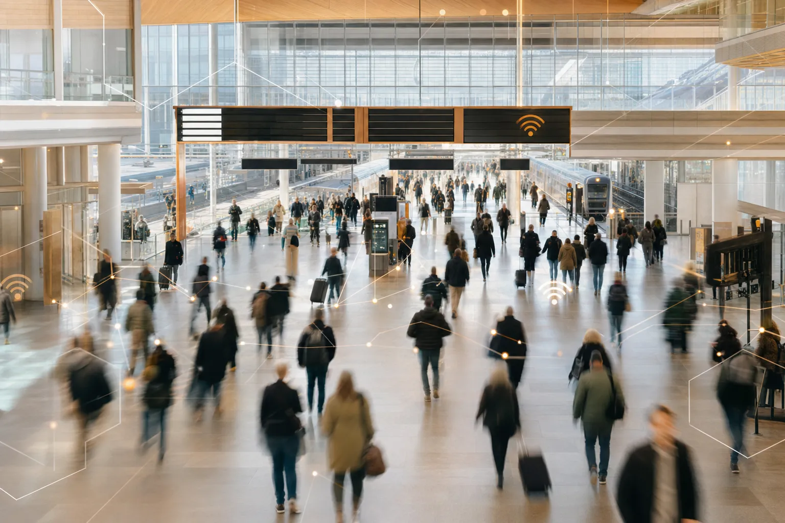 Des voyageurs traversent le vaste hall lumineux d’une grande gare ferroviaire en net flou de mouvement, recouvert d’un léger maillage de réseau.