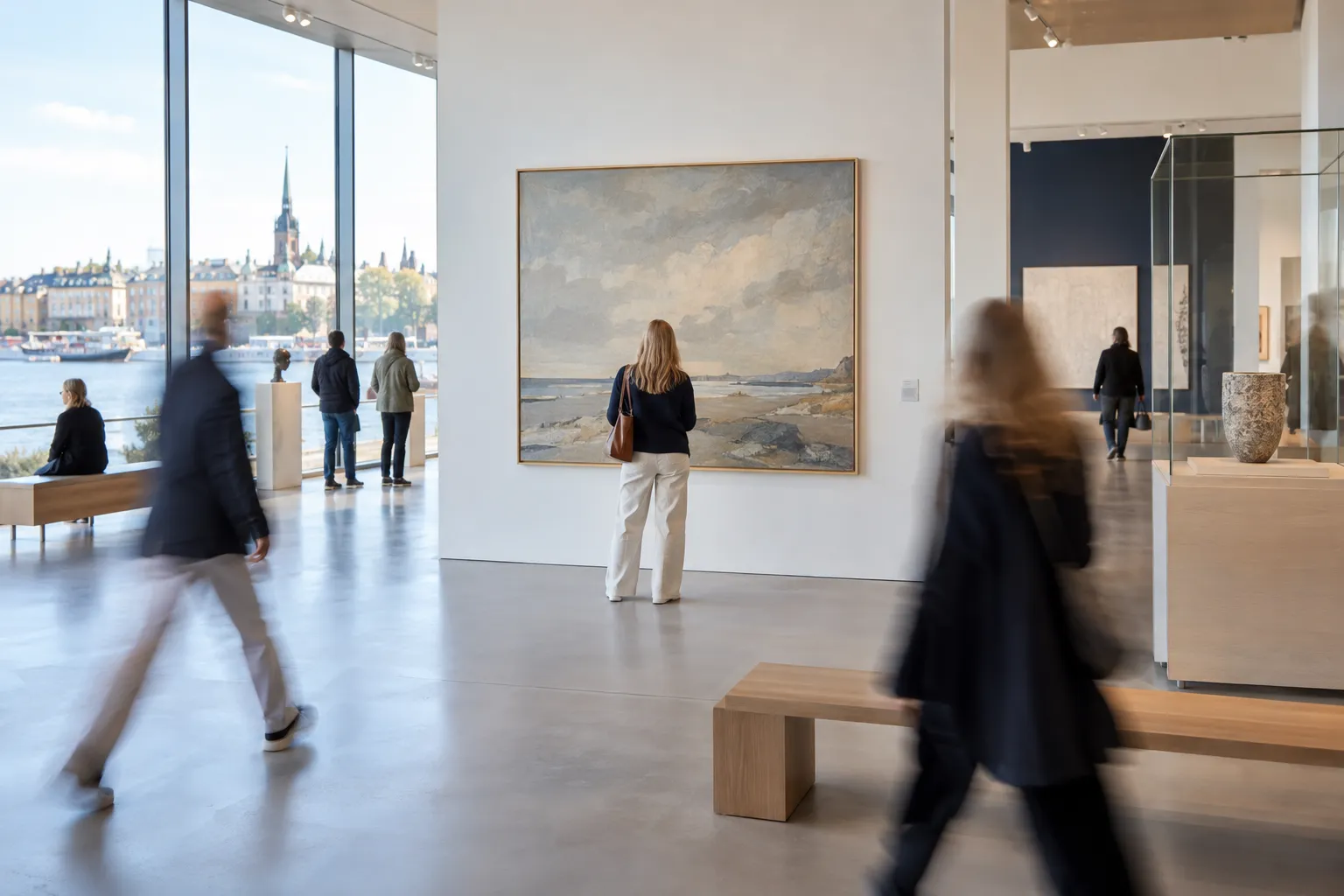 Besøkende stopper foran et kunstverk mens andre går forbi
