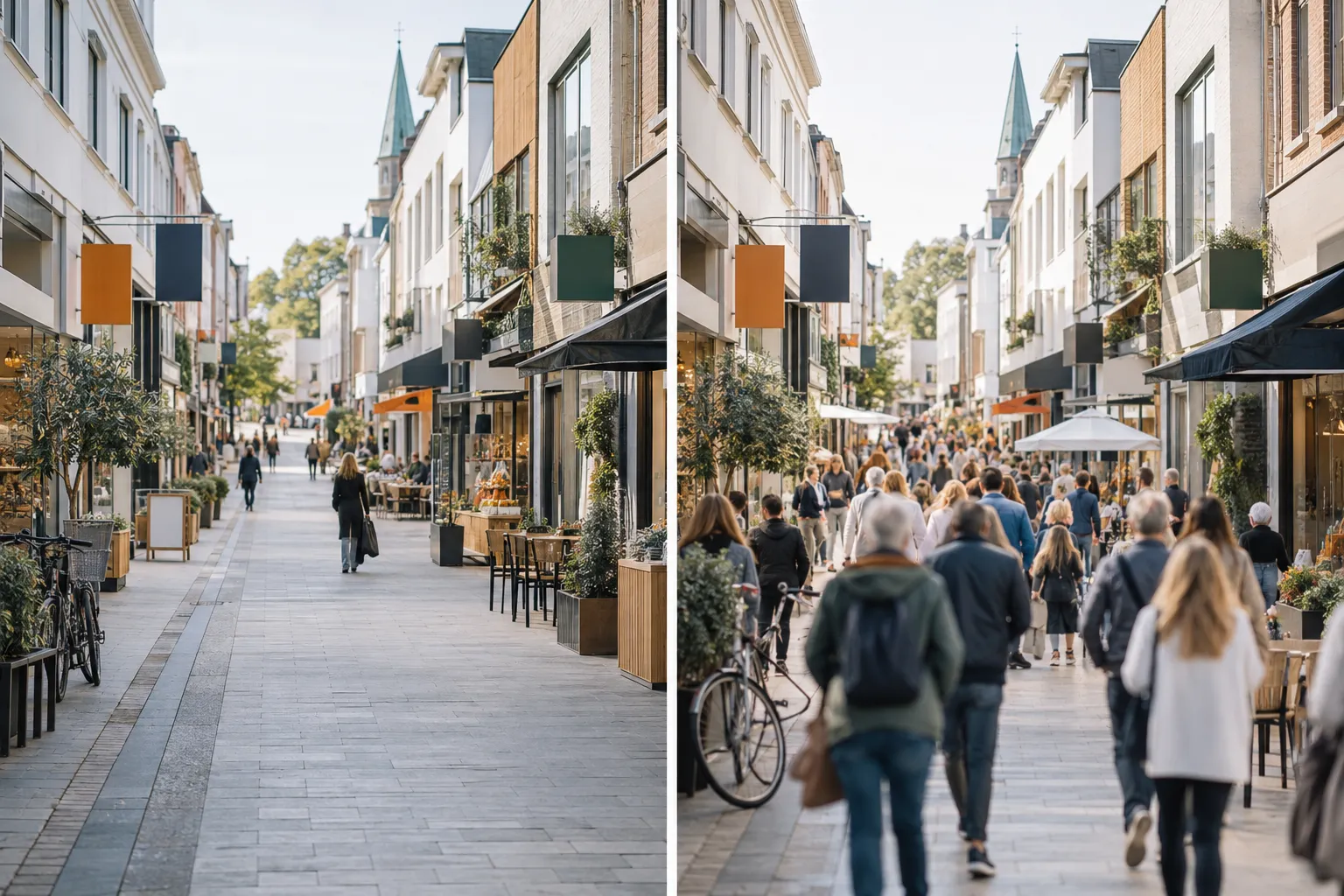 Den samme gaten en rolig hverdagsformiddag og en travel lørdag
